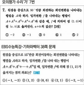 EBS 교재 그대로 옮긴 듯 대학수학능력시험 모의평가에서는 수리‘가’ 7번(위)처럼 EBS 교재(아래·수능특강 기하와 벡터 38쪽)를 그대로 옮긴 듯한 문제가 많이 나왔다.