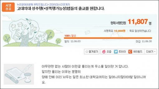 포털 사이트에 올라온 가해자의 출교를 원하는 서명 운동.