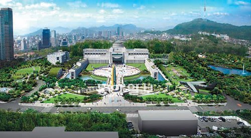 올해 안에 서울 용산구 용산동 전쟁기념관 앞마당에 설치된 담장이 사라지고 녹지공간과 편의시설이 확충될 예정이다. 녹지 조성 후 전쟁기념관 조감도. 서울시 제공