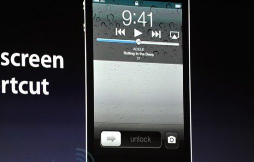 iOS5의 새로운 잠금화면. 카메라 셔터 버튼이 눈에 띈다. (출처= 인가젯)