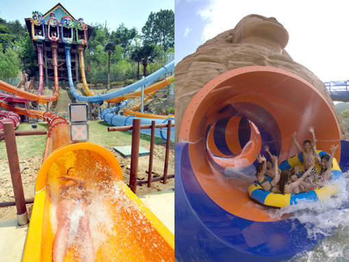 오션월드 ‘슈퍼S라이드’(왼쪽), 캐리비안 베이 ‘아쿠아루프’