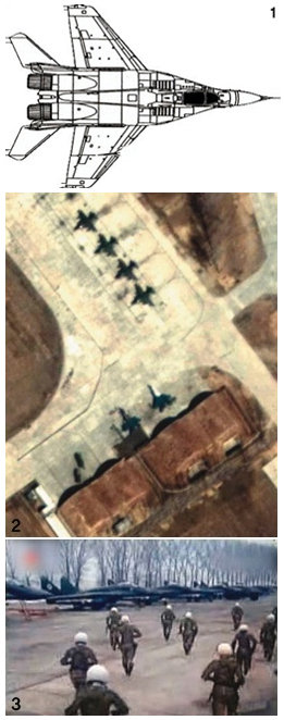 1 2001년 발간한 러시아 ‘현대항공기 백서’에서 발췌한 미그29 설계 개념도. 2 2011년 3월 18일 촬영한 평안남도 순천비행장 위성사진. 활주로 남단의 격납고 전면에 미그29 2대가 서 있다. 순천기지에는 북한 공군 55연대 소속 미그29 1개 대대가 배치된 것으로 알려졌다. 사진 상단의 검은색 기체는 SU15K 편대. 3 훈련 중인 조종사들이 미그29를 향해 달려가는 모습을 담은 북한 선전 동영상의 한 장면. 이 역시 순천비행장에서 촬영했을 가능성이 높다.
