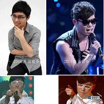 가수 김범수가 요즘 파격적으로 변신했다(위). 블라인드 선글라스를 쓰고 ‘님과 함께’를 부르는 김범수(왼쪽). 고 앙드레 김의 
의상을 입고 ‘늪’을 불렀을 땐 “잘생겼다”는 환호가 터져 나왔다(오른쪽). MBC 화면 촬영·동아일보DB