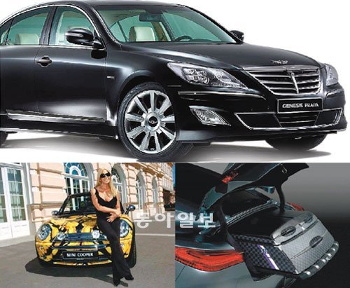 명품브랜드와의 협업으로 탄생한 자동차들.
현대자동차 ‘제네시스 프라다’(위) 디자이너 도나텔라 베르사체의 손길이 닿은 ‘BMW 미니 쿠퍼 컨버터블’(왼쪽) 루이뷔통 3단 가방이 쏙 들어가는 인피니티의 컨셉트카 ‘에센스’.