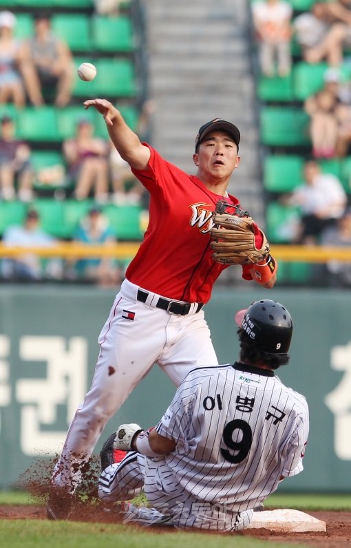 SK 정근우(위)가 잠실 LG전 4회 무사 1루서 박용택의 타구를 잡아 1루주자 이병규를 포스아웃시킨 뒤 더블 플레이를 위해 재빨리 1루로 송구하고 있다.