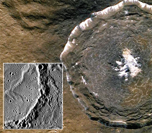 맨 얼굴 드러낸 수성 메신저호가 공개한 사진에는 수성의 표면이 녹아 생긴 균열이 관찰된다(큰 사진). 수성 형성에 가장 큰 영향을 끼친 것은 화산 폭발이며 이로 인해 황이 공급된 것으로 보인다. 작은 사진은 수성의 크레이터를 클로즈업한 모습. 사진 출처 NASA