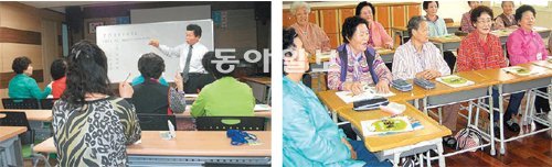 부산 해운대구 반여1동 주민센터에 마련된 ‘장산 등불 문해학교’(왼쪽)와 부산 해운대구 반여4동 삼어초등학교에서 운영 중인 ‘성인 한글 문해학교’에서 할머니들이 한글쓰기를 배우고 있다. 반여1동 주민센터·삼어초등학교 제공