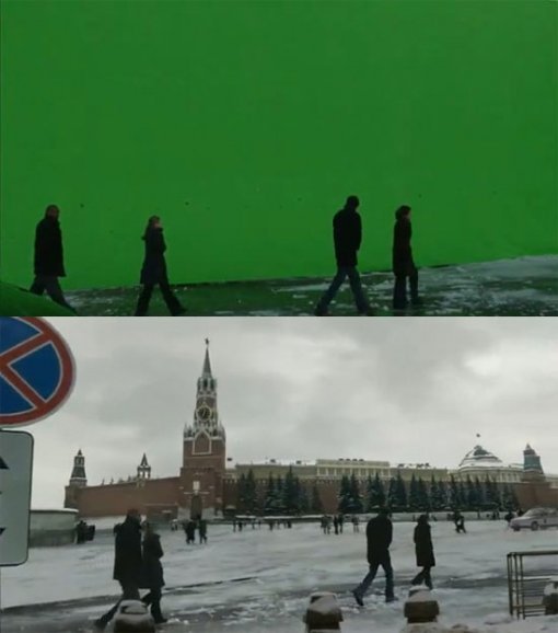 녹색 배경의 세트를 걷고 있는 장면(위)이 실제 드라마에서는 아래와 같이 보여지는 크로마키.