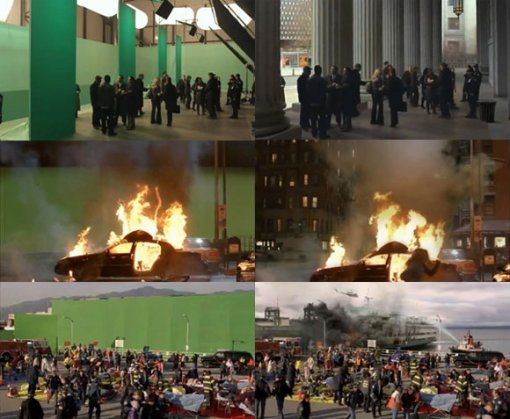 왼쪽의 실제 촬영 장면이 CG를 거쳐 드라마에서는 오른쪽의 완성된 화면으로 보여진다