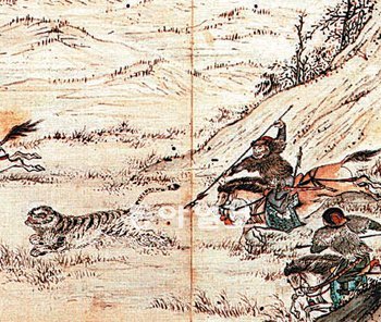호랑이사냥꾼들이 사냥하는 모습을 그린 조선 후기 화가 이인문(1745∼1821)의 ‘수렵도(狩獵圖)’. 국립중앙박물관 제공