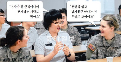 28일 서울 성북구 안암동 고려대 캠퍼스를 찾은 미국 여성 학군장교(ROTC) 후보생들이 국내 첫 여성 ROTC 후보생인 정지윤 씨(가운데)와 이야기를 나누고 있다. 원대연 기자 yeon72@donga.com