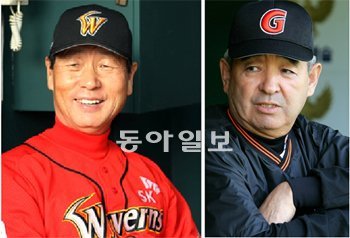 김성근 감독(왼쪽)과 강병철 전 감독