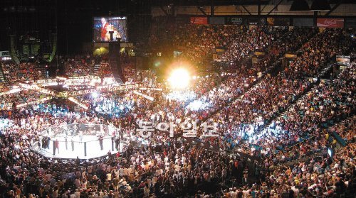 현대판 ‘콜로세움’ 3일 종합격투기 UFC132 대회가 열린 미국 라스베이거스 MGM그랜드가든 아레나. 가장 싼 입장권의 가격이 9만 원을 
넘지만 1만4900명을 수용하는 경기장은 발 디딜 틈이 없을 정도로 UFC는 큰 인기를 얻고 있었다. 라스베이거스=이종석 기자 
wing@donga.com