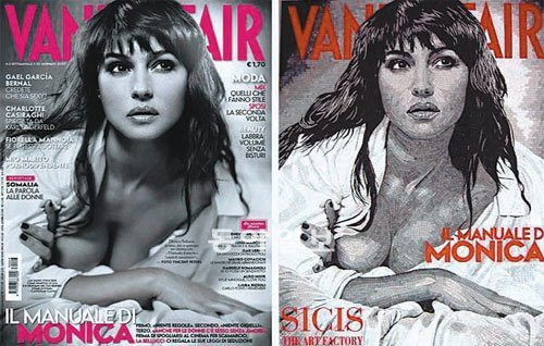 씨치스가 잡지 표지(왼쪽)를 그대로 타일로 재현해 만든 작품(오른쪽). 씨치스는 타일로 어떤 그림이든 다 표현할 수 있다. 씨치스 제공