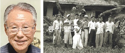 1960년 8월 저자인 한상복 교수(왼쪽)가 현지조사 때 강원 평창군 대관령면 용산2리 이장 집 앞에서 마을 유지들과 찍은 기념사진. 눈빛 제공(오른쪽)