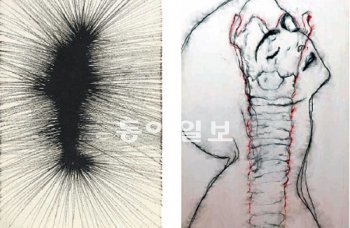 앤서니곰리의드로잉.학고재갤러리제공(왼쪽), 오마르갈리아니의드로잉.서울대미술관제공