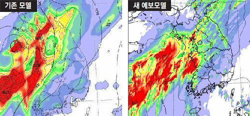 1일부터 시범 가동 중인 상세국지예보모델(오른쪽)과 기존에 사용하던 지역예보모델의 13일 강수량 예측 결과. 전반적인 강수 분포는 유사하지만 경기 북부지역과 변산반도 부근, 지리산 등 산이 많은 지역 예보는 새 모델이 더 정확하다. 기상청 제공