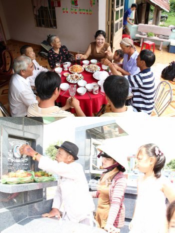 2년 5개월 만에 고향을 찾은 양선아 씨의 가족들이 점심식사를 하고 있다(위). 11일 새벽 베트남 고향집에 도착한 양 씨는 날이 밝자마자 아버지와 함께 2년 전 세상을 떠난 어머니의 묘소를 찾았다. 동나이=박승헌 기자 hparks@donga.com