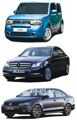 닛산 ‘큐브’, 메르세데스벤츠 ’C 클래스’, 폴크스바겐 ’제타’ (위쪽부터)