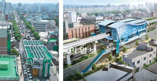 대구 중구 건들바위 사거리에 현재 공사 중인 도시철도 3호선 21번째 정거장(왼쪽)과 완공 후 조감도. 대구시 도시철도건설본부 제공