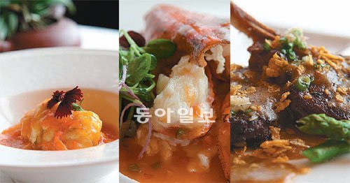 (왼쪽부터)메로 생선찜, 랍스터 칠리소스, 로딩콩 소스를 곁들인 양갈비구이