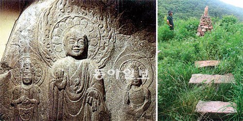 넉넉한 백제인의 웃음을 짓고 있는 서산마애삼존불(왼쪽). 가야산의 100번째 절로 알려진 백암사 옛터. 무성한 풀밭에 주춧돌만 남아 있다.