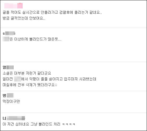 블라인드 처리에 대한 한 커뮤니티 사이트 네티즌들의 반응.