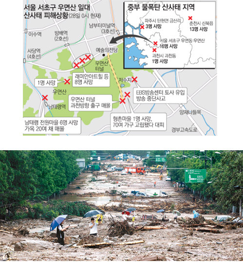 흙무덤으로 변한 서울 남부순환도로 27일 내린 집중호우로 발생한 산사태로 서울 서초구 방배동 우면산 인근 남부순환도로에 토사와 나무들이 쌓여 있다. 이날 오전 이곳에서 일어난 산사태로 16명이 사망했다. 왕복 10차로인 남부순환도로도 운행이 전면 통제됐다. 장승윤 기자 tomato99@donga.com