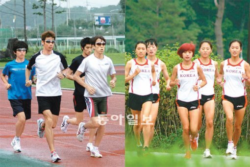 그래도 마라톤이다. 역대 세계육상선수권대회에서 1개의 메달도 따지 못한 한국이지만 이번에도 희망을 걸수 있는 종목은 마라톤이다. 강원 양구군에서 훈련하는 마라톤 남자 대표 선수들. 왼쪽부터 황준석(서울시청) 황준현(코오롱) 김민(건국대) 이명승(삼성전자). 양구=양종구 기자 yjongk@donga.com(왼쪽). 여자 마라톤 대표팀은 주요 국제대회에서 주목할 만한 성적을 낸 적이 없다. 그래서 이번만큼은 한번 해보겠다는 의지가 더욱 넘친다. 강원 평창군 대관령면 횡계리에서 땀을 흘리고 있는 마라톤 여자 대표 선수들. 왼쪽부터 정윤희 박정숙 최보라(이상 대구은행) 이숙정 김성은(이상 삼성전자). 평창=양종구 기자 yjongk@donga.com(오른쪽)