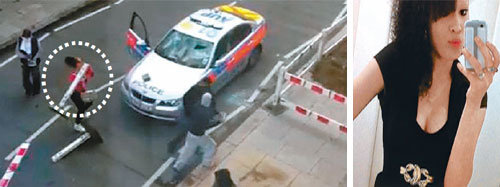 TV에 방영된 경찰차 파손 6일 영국 런던 북부의 엔필드에서 한 여성(왼쪽 사진 원안)이 경찰차 유리창을 향해 도로공사 경계용 구조물을 던지고 있다. 이 여성은 2012년 런던 올림픽 홍보대사로 활동 중인 첼시 이브스 양으로 밝혀졌다. 사진 출처 www.metro.co.uk