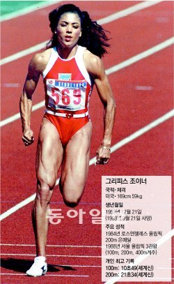 역대 최고 여자 스프린터 미국의 플로렌스 그리피스 조이너는 1998년 세상을 떠났지만 그의 기록은 20년이 넘도록 불멸의 기록으로 남아 있다. 1988년 서울 올림픽 때의 모습. 동아일보DB