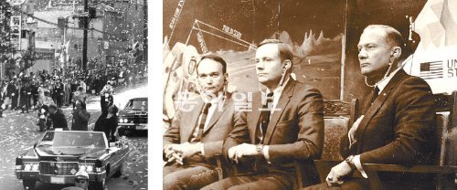 1969년 달 착륙한 해 방한 1969년 인류 최초로 달을 밟고 돌아온 아폴로11호의 세 우주인은 그해 11월 한국을 방문해 카 퍼레이드를 하는 등 뜨거운 환영을 받았다. 방한 중 행사에 참석한 마이클 콜린스, 닐 암스트롱, 버즈 올드린 씨(왼쪽부터). 동아일보DB