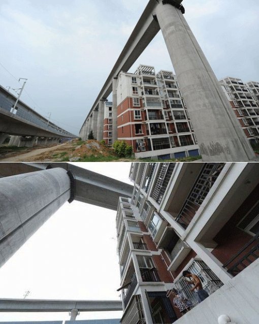 아파트 위에 지어진 고속철 다리(출처: 중국건설신문)