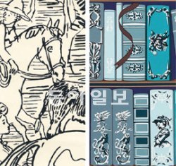 프랑스 명품 브랜드 에르메스가 올해 처음 선보인 벽지 디자인에는 승마하는 모습(왼쪽), 승마 관련 책을 꽂은 서가 등 에르메스 특유의 전통 이미지가 담겼다. 에르메스 제공