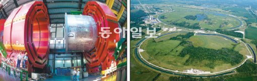 세계 최대 입자가속기인 유럽입자물리연구소(CERN)의 거대강입자가속기(LHC) 검출기 CMS(왼쪽)에서 최근 특정 입자가 과다하게 검출돼 한때 힉스 입자가 아니냐는 주장이 나왔다. LHC에 ‘왕좌’를 넘겨주고 올해 9월 가동 중단을 앞둔 미국 페르미가속기연구소의 가속기 테바트론(오른쪽)에서도 비슷한 결과가 나왔지만 학계는 ‘해프닝’으로 결론냈다. CERN· 페르미가속기연구소 제공