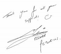오스카 피스토리우스가 본보 독자에게 남긴 메시지와 사인. 그는 ‘모든 지원에 감사한다’는 글로 한국 팬들의 성원에 고마움을 표시했다.