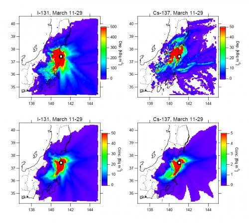 일본 국립환경연구소가 동일본대지진이 발생한 3월11일부터 같은달 29일에 걸쳐 풍향과 강우 조건 등을 기초로 방사성 물질이 땅이나 바다에 떨어진 양을 계산한 결과 동일본 15개 지방에 퍼졌을 것으로 예상됐다. 사진은 시물레이션 결과를 나타낸 그림. 
    (도쿄=연합뉴스)