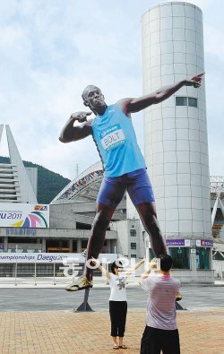 8일 대구스타디움 앞에 푸마가 설치한 자사 후원 선수 우사인 볼트의 대형 조형물. 대구 세계육상선수권대회 공식 스폰서 아디다스의 항의로 닷새 만에 다른 데로 옮겨졌다. 매일신문 제공