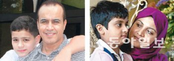 불안한 무슬림 무슬림이라는 이유로 공항에서 특별 보안검색을 받아야 했던 마흐무드 엘타헤르 군(왼쪽)과 아버지 무함마드 씨(왼쪽 사진). 무슬림이었던 남편이 9·11테러로 사망하자 히잡을 머리에 쓰기 시작한 바라힌 아시라피 씨.