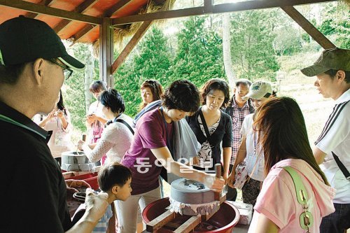 3일부터 시작된 ‘휴·안·정 관광사업’에 참여한 부산지역 다문화가정 주부와 자녀들이 부산 서구 서대신동 ‘나무야 친구하자 자연체험학습장’에서 맷돌체험을 하고 있다. 부산문화재단 제공