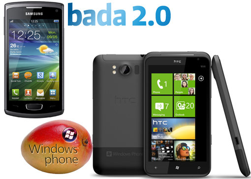 삼성전자와 MS가 내놓은 새 OS 바다2.0과 윈도폰7 망고를 적용한 삼성전자 웨이브3(위)와 HTC 타이탄.사진제공｜삼성전자·HTC