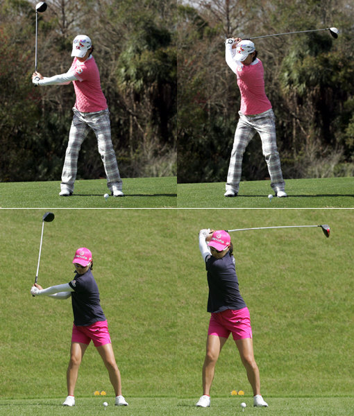 ▲ 백스윙스윙 시작에서는 약간의 차이가 있지만 백스윙 톱의 동작에서는 최나연과 유소연 모두 상·하체의 완벽한 꼬임을 통해 힘을 축적한다. 간결하면서 콤팩트한 스윙은 백스윙이 크지 않아도 장타를 칠 수 있다는 사실을 두 선수 모두 확실하게 보여주고 있다.