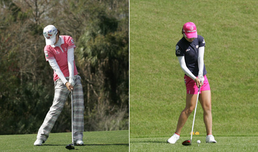 ▲ 임팩트임팩트에서의 가장 큰 차이는 오른발의 움직임이다. 최나연은 오른발을 지면에 거의 붙인 상태에서 스윙을 하고 있다. 유소연이 오른발의 체중을 자연스럽게 왼발로 이동하는 것과 약간의 차이가 있다.