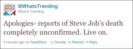 CBS의 whats trending 트위터에 올라온 ‘잡스 사망 오보’에 대한 사과글 캡처