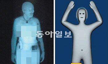 2006년 미국에서 시험 설치될 때부터 프라이버시 침해 논란을 불렀던 알몸투시 X선 검색기(일명 백스캐터) 촬영 사진(왼쪽). 
영국 런던 히스로 공항은 이달 초 무선전파를 이용해 사생활 침해를 줄일 수 있는 새로운 전신스캐너를 도입했다(오른쪽). 
동아일보DB·가디언