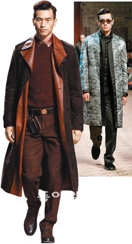 이번 가을 겨울 컬렉션에서는 한층 강인해진 남성의 모습을 느낄 수 있는 의상이 많았다. 긴 가죽 코트에 허리에는 스마트폰을 휴대하기 편한 벨트를 맨 모습이 마치 미국 서부의 카우보이를 연상시켰다(왼쪽). 동그란 선글라스에 칼라가 없는 중국식 코트가 20세기 초 중국의 모습을 떠올리게 한다(오른쪽). 에르메네질도 제냐 제공