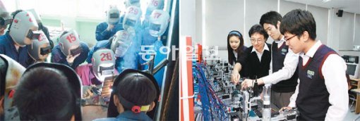 최근 고졸채용이 확대됨에 따라 장학금 혜택을 받으며 산업현장 맞춤형 실무교육을 받을 수 있는 마이스터고가 주목받고 있다. 사진은 교사의 조선분야 용접실습을 지켜보는 전북 군산기계공고(왼쪽) 학생들과 자동화설비 시스템 운용 실습을 하는 서울 수도전기공고 교사와 학생. 군산기계공고, 수도전기공고 제공