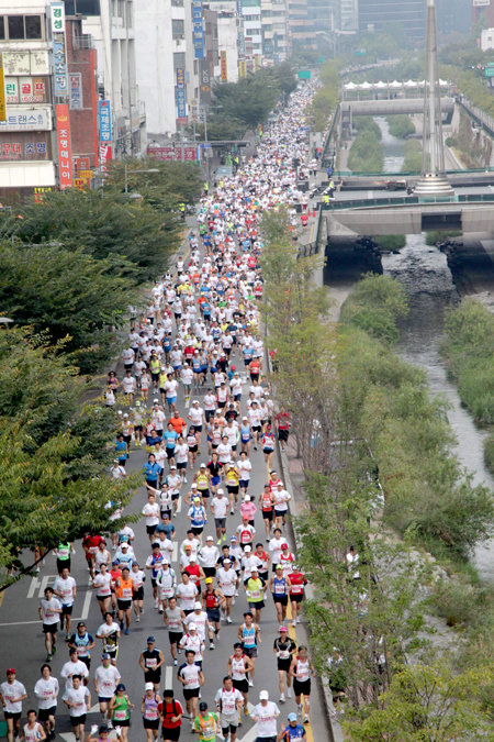 9일 열린 하이서울마라톤에 참가한 시민들이 도로를 꽉 메웠다. 사진은 청계4가 부근을 달리고 있는 시민들. 끝이 보이지 않을 정도로 참여열기가 뜨거웠다. 변영욱 동아일보 기자 cut@donga.com