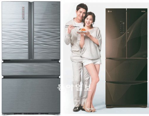 삼성 ‘지펠 아삭 그랑데스타일 508’(왼쪽), LG전자의 2012년형 김치냉장고 ‘쿼드’ 신제품