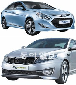 현대 ‘쏘나타 하이브리드’ (위), 기아 ‘K5 하이브리드’